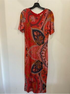 FARM Rio for Anthropologie Red Paisley-Print Rayon jersey Midi Dress sz Med